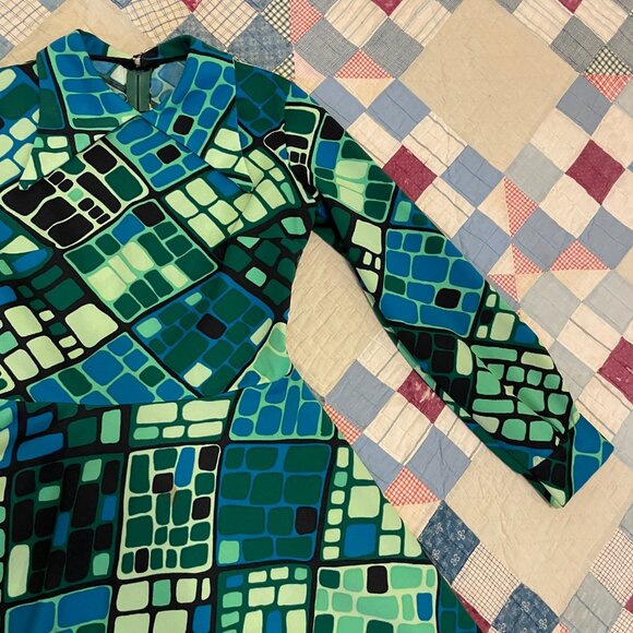 Vintage 60s 70s Fit Flare Mod Dagger Collar Psychedelic Mod Gogo Mini Dress - Picture 12 of 15